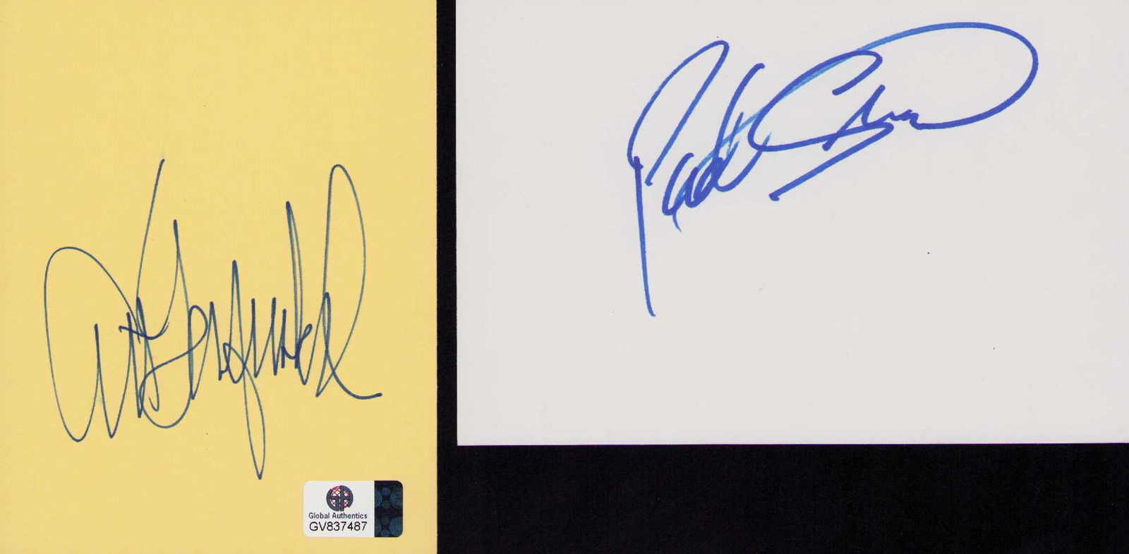 Simon and Garfunkle set of signatures: A set of signatures of the famed rock stars one is Global stickered Certificate of AuthenticityEVERY item in this auction comes with at minimum a fully illustrated and serial numbered COA signed by th