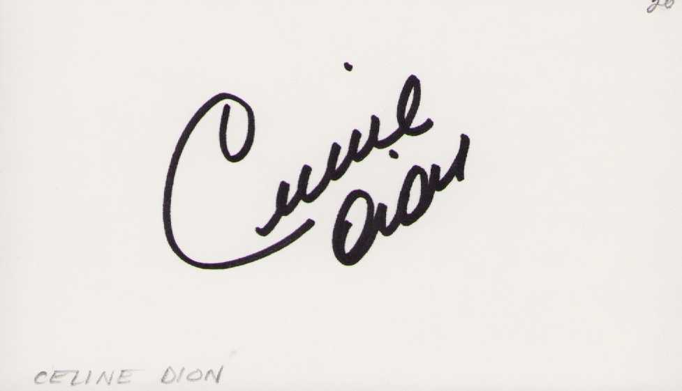 Celine Dion signature: An in person signed card by the great singer Certificate of AuthenticityEVERY item in this auction comes with at minimum a fully illustrated and serial numbered COA signed by the worlds leading authen