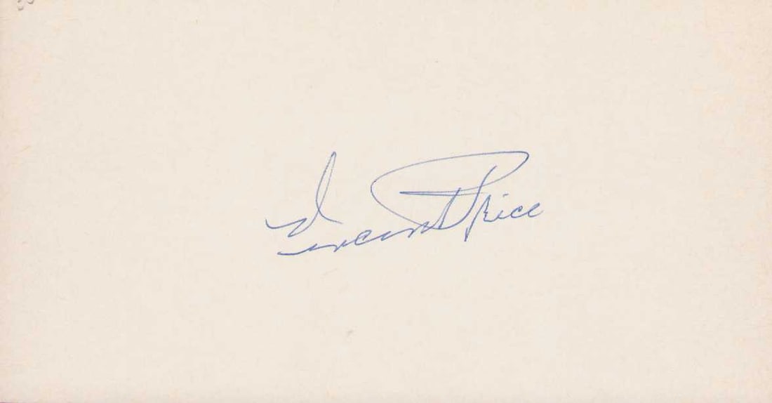 Vincent Price signature: A nice signature of the horror film legend and laugh in Thriller ! Certificate of AuthenticityEVERY item in this auction comes with at minimum a fully illustrated and serial numbered COA signed by the