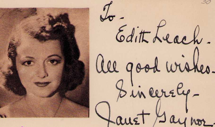 Janey Gaynor signature: A nice signed card by the FIRST Academy Award winner for Best Actress Certificate of AuthenticityEVERY item in this auction comes with at minimum a fully illustrated and serial numbered COA signed by 