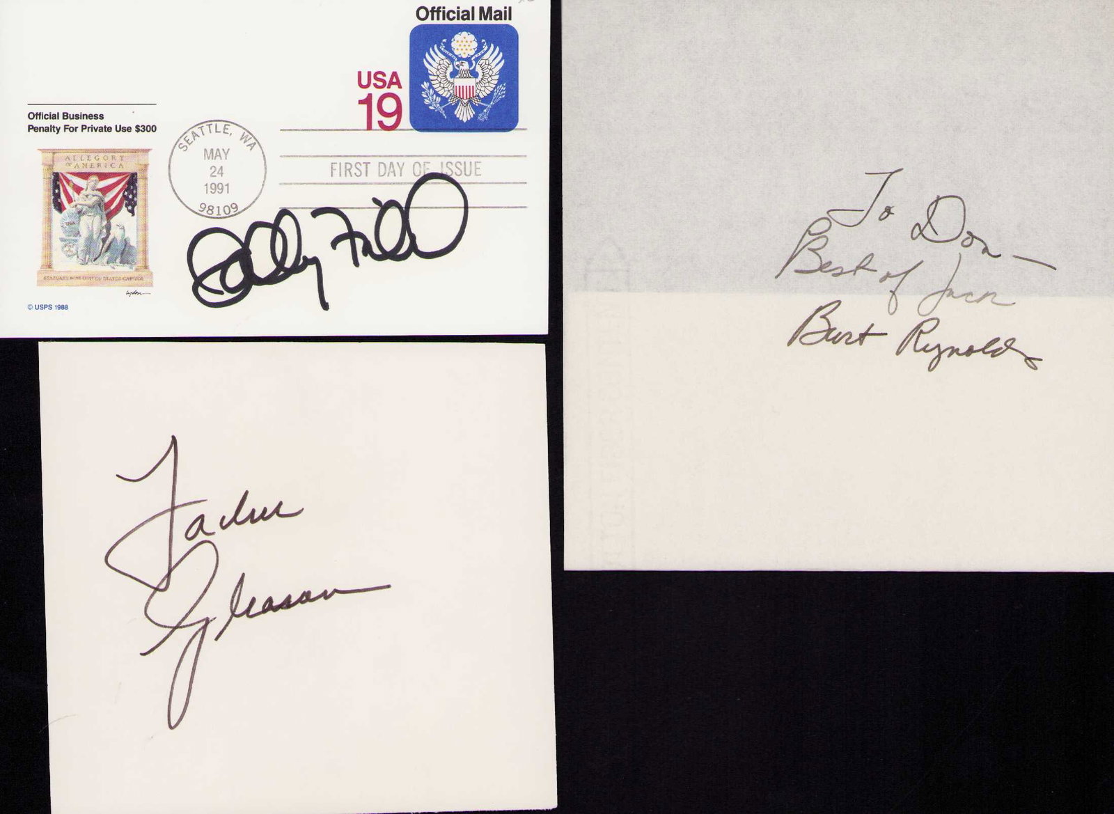 Smokey and the Bandit set of cast signatures: A set of signatures of the film Burt Reynolds Sally Field and Jackie Gleason Certificate of AuthenticityEVERY item in this auction comes with at minimum a fully illustrated and serial numbered COA sig