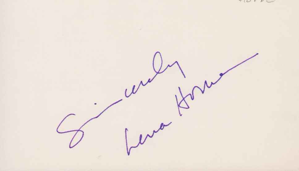 Lena Horne signature: A nice signed card by the deceased music legend and actress Certificate of AuthenticityEVERY item in this auction comes with at minimum a fully illustrated and serial numbered COA signed by the worlds