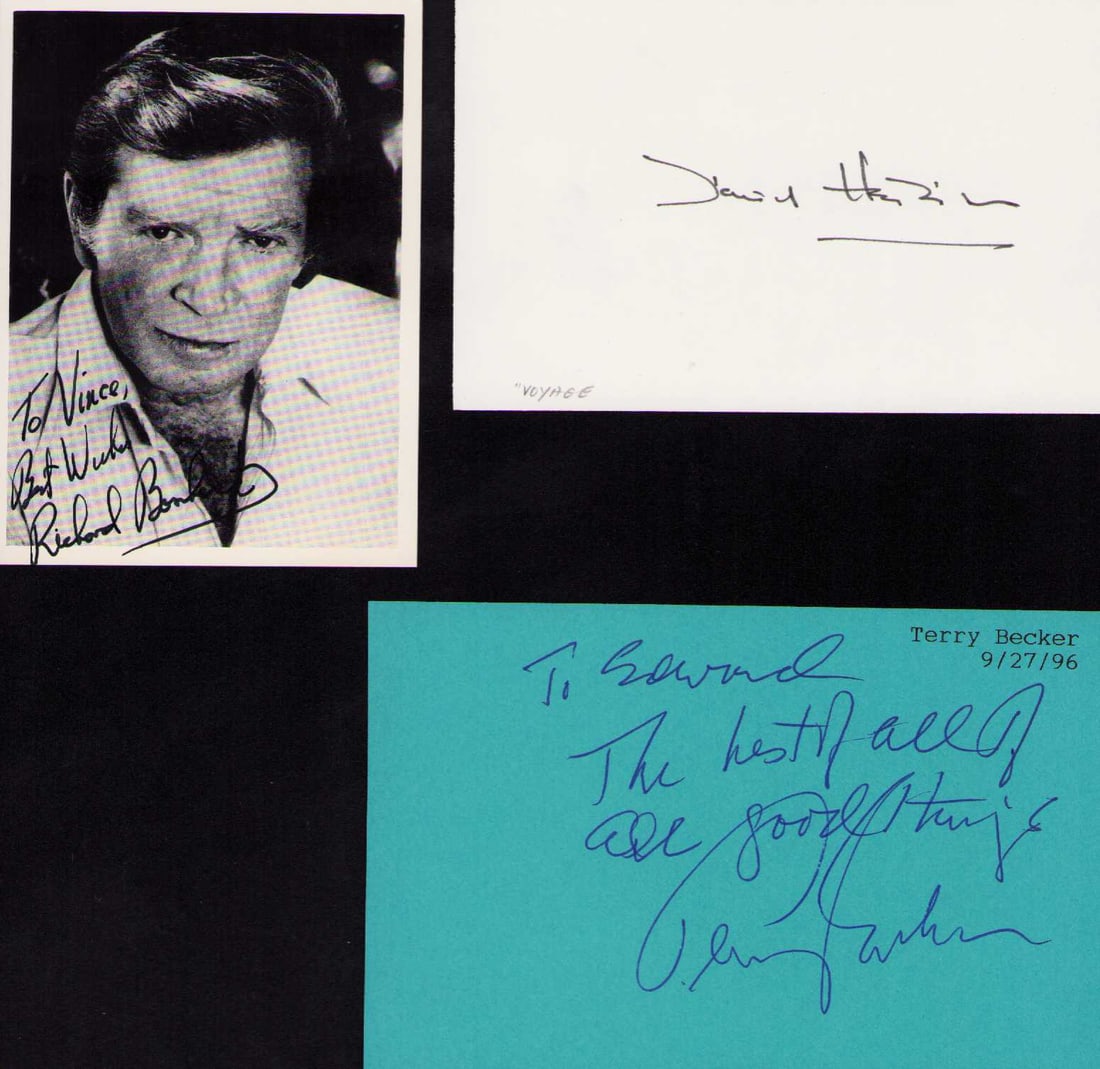 Voyage to the Bottom of the Sea set of cast signatures: A set of signatures the rare star Richard Basehart plus David Hedison and rare Terry Becker Certificate of AuthenticityEVERY item in this auction comes with at minimum a fully illustrated and serial n