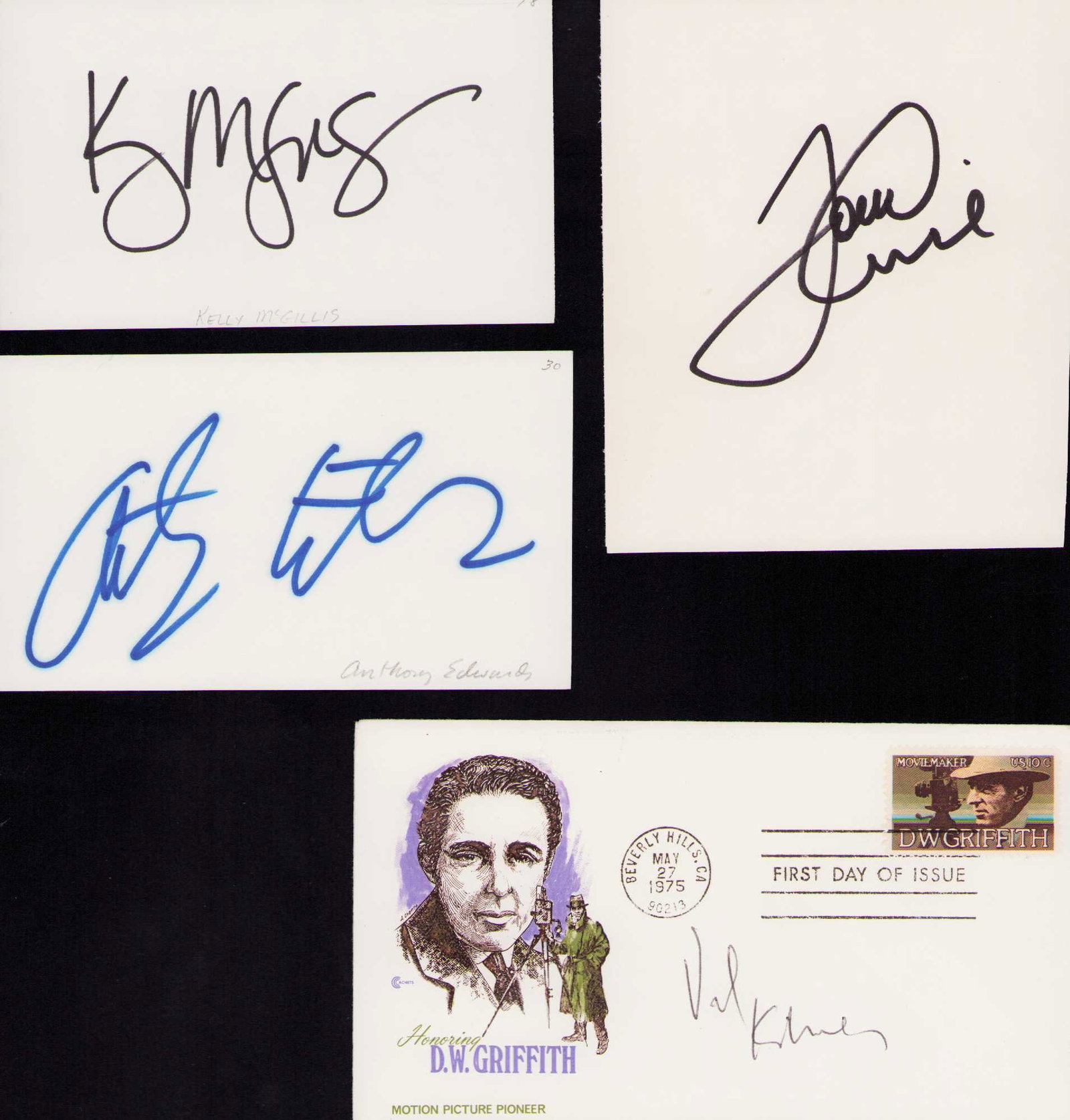 Top Gun set of cast signatures: A set of signatures of Tom Cruise Kelly McGillis Anthony Edwards and on a FDC Val Kilmer Certificate of AuthenticityEVERY item in this auction comes with at minimum a fully illustrated and serial numb