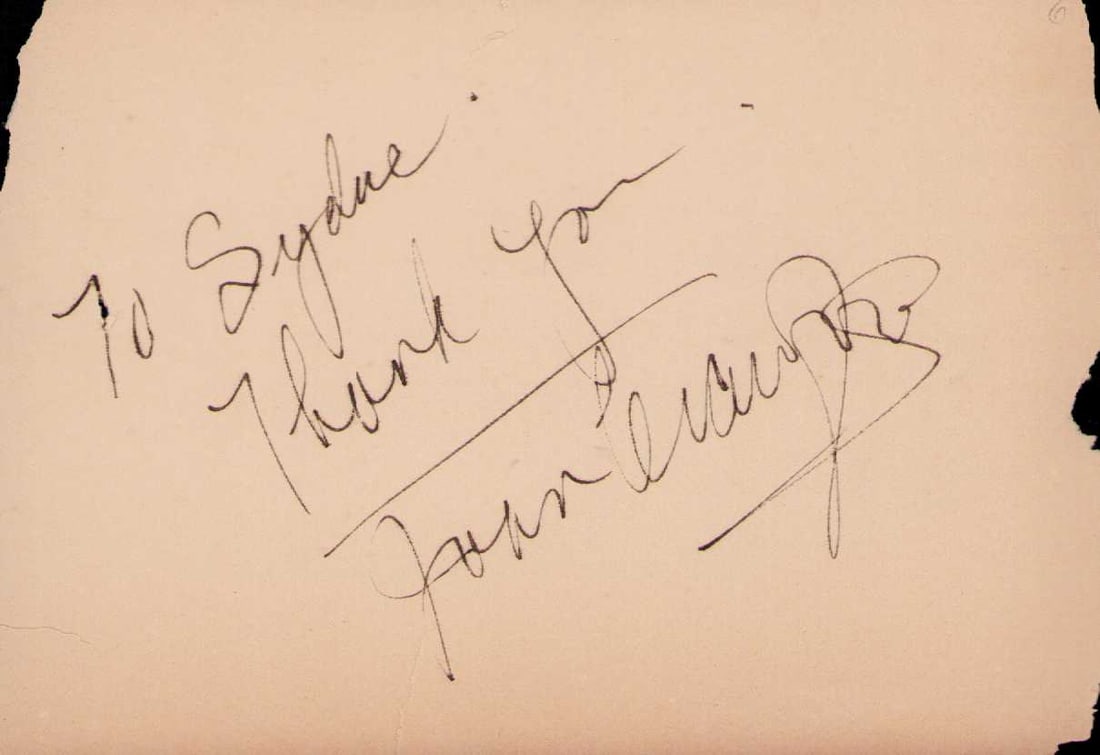 Joan Crawford signature: A nice vintage Crawford signature legend of legends ! Certificate of AuthenticityEVERY item in this auction comes with at minimum a fully illustrated and serial numbered COA signed by the worlds leadi