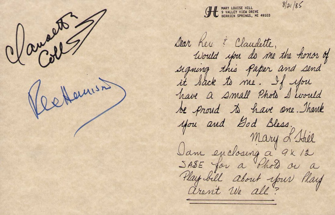 Rex Harrison and Claudette Colbert signatures: A page on which a fan wrote to the two stars on Broadway and they signed the sheet together Certificate of AuthenticityEVERY item in this auction comes with at minimum a fully illustrated and serial n