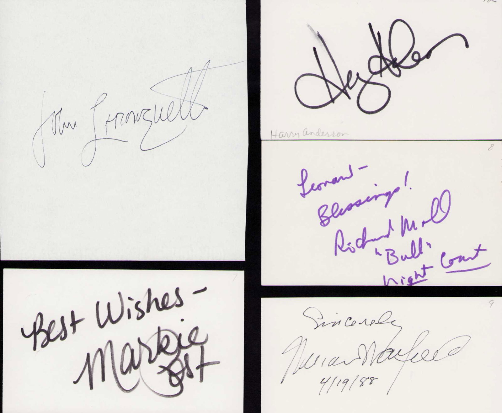 Night Court set of cast signatures: A set of signatures from the Tv series Harry Anderson John Larroquette Markie Post Marcia Warfield and Richard Moll Certificate of AuthenticityEVERY item in this auction comes with at minimum a fully 