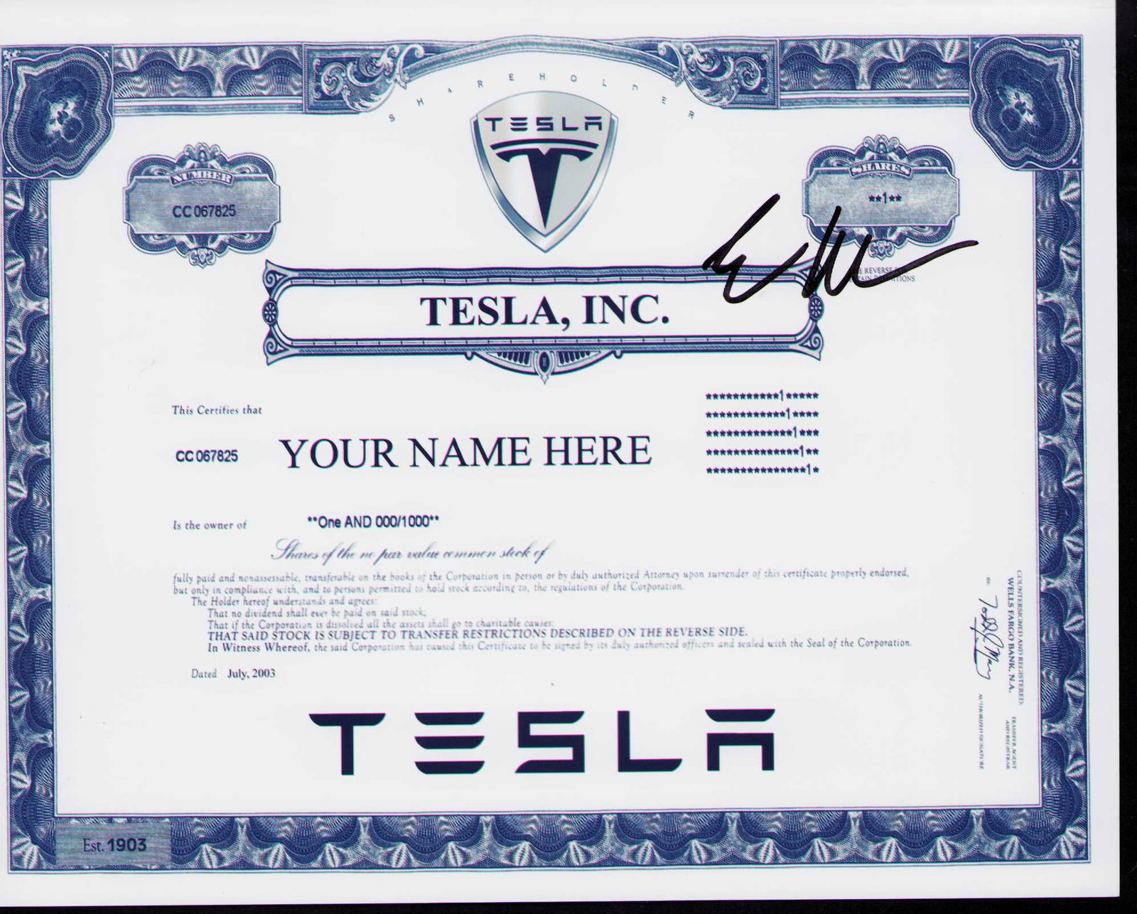Elon Musk signed photograph: A RARE signed 8x10 photo of a Tesla Stock Certificate signed in person by the now richest man in the world Certificate of AuthenticityEVERY item in this auction comes with at minimum a fully