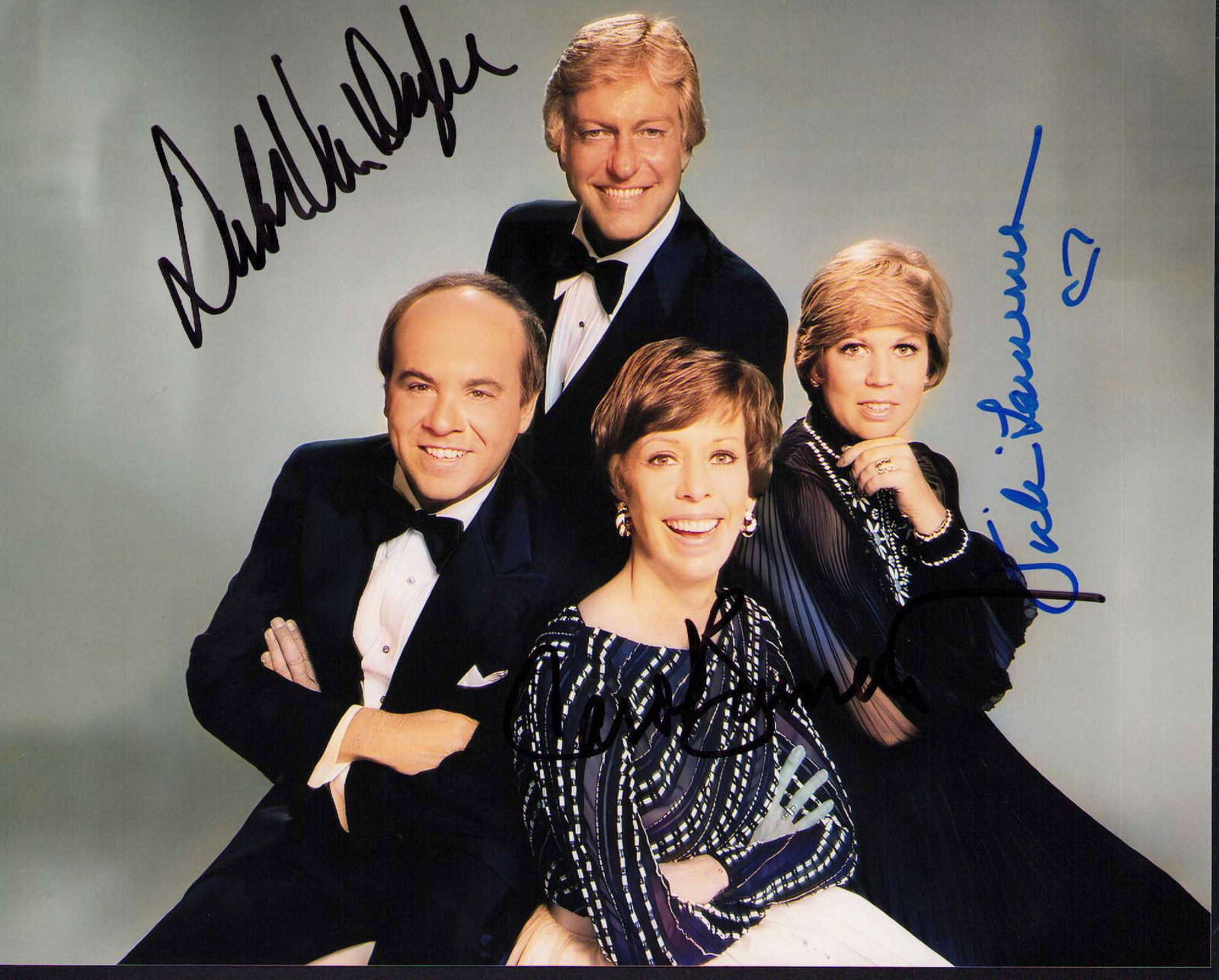 Carol Burnett Show cast signed photograph: A vintage cast image signed by the 94 year old Carol Burnett and by Vicki Lawrence and Dick Van Dyke who is now 100 ! Certificate of AuthenticityEVERY item in this auction comes with at minimum a