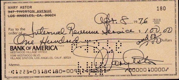 Mary Astor signed bank check