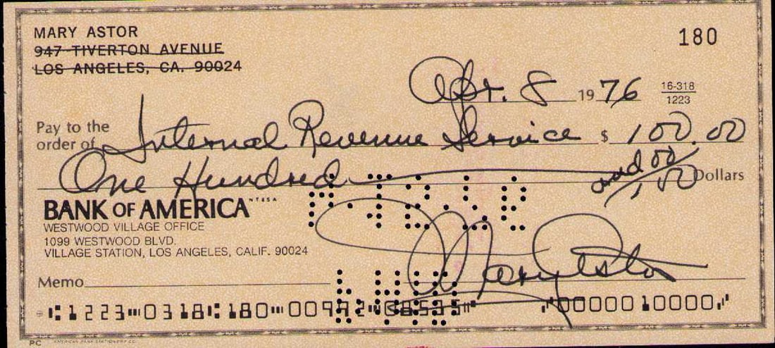 Mary Astor signed bank check (1 of 1)