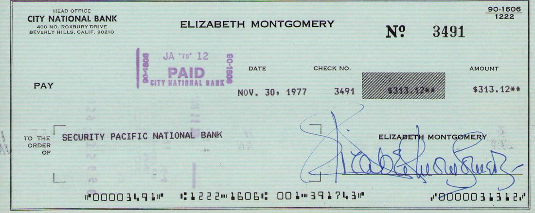 Elizabeth Montgomery signed bank check (1 of 1)