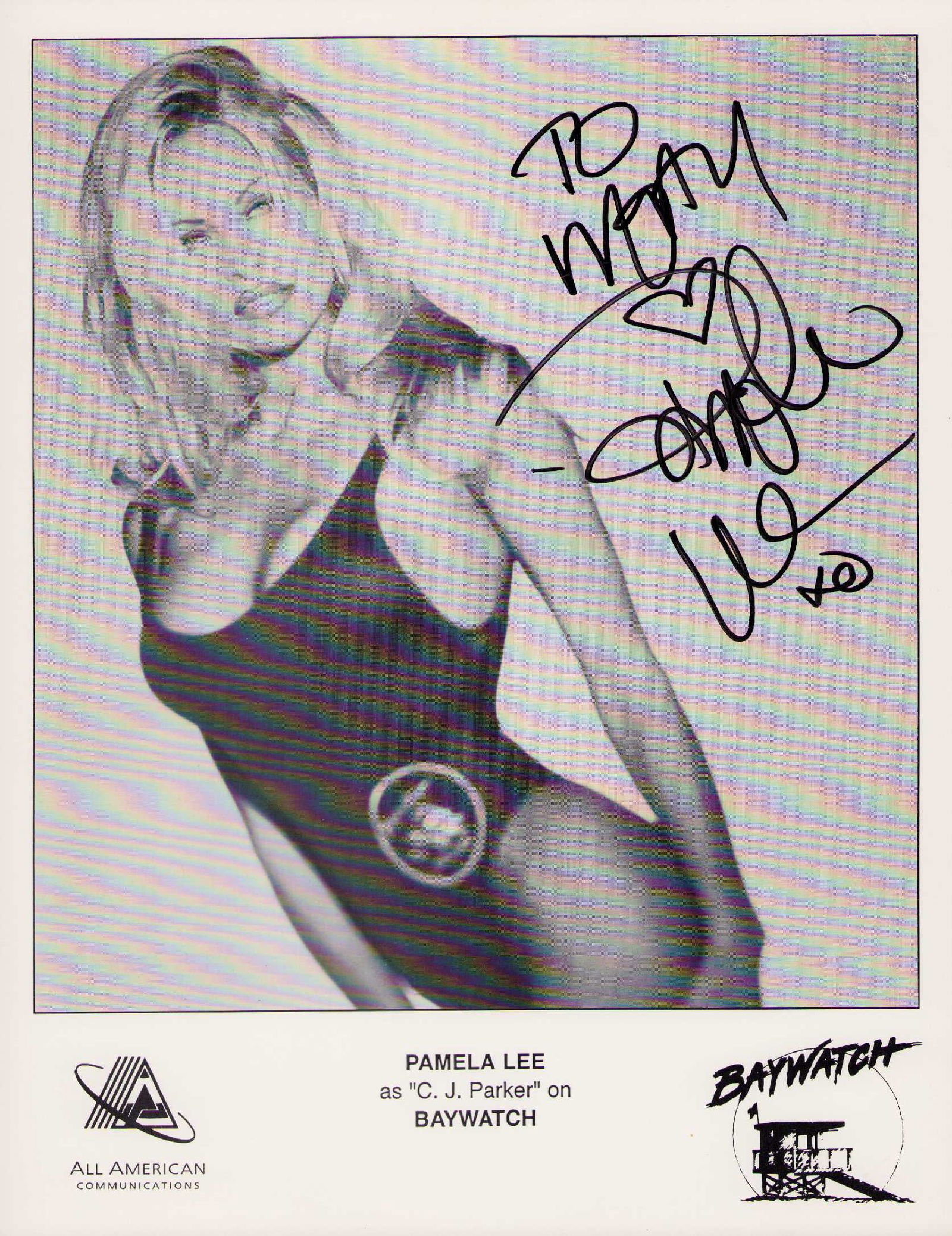 Pamela Anderson vintage signed photograph: A VINTAGE during Baywatch series signed Baywatch 8x10 by her Certificate of AuthenticityEVERY item in this auction comes with at minimum a fully illustrated and serial numbered COA signed by the