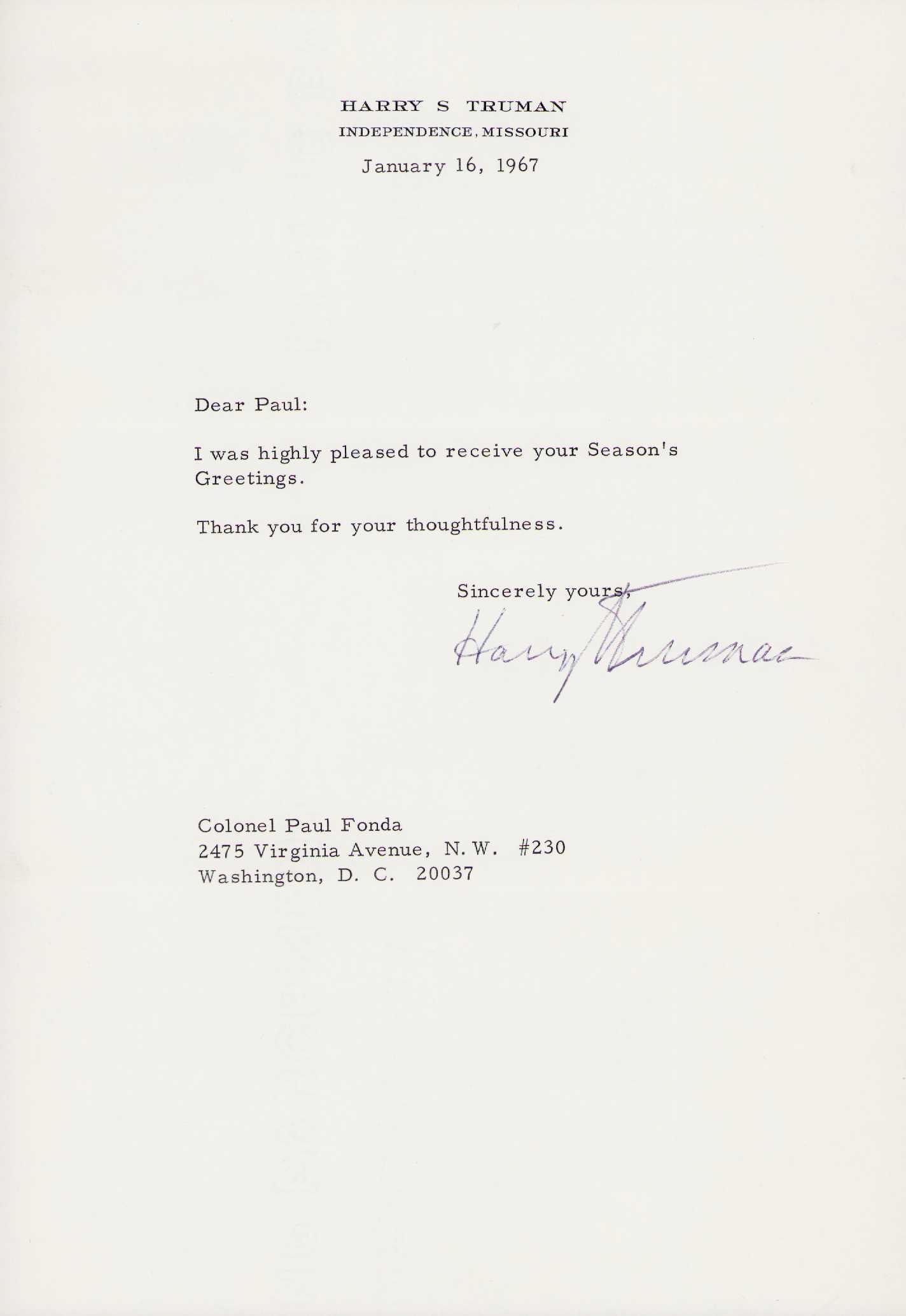 Harry S Truman typed letter signed (1 of 1)