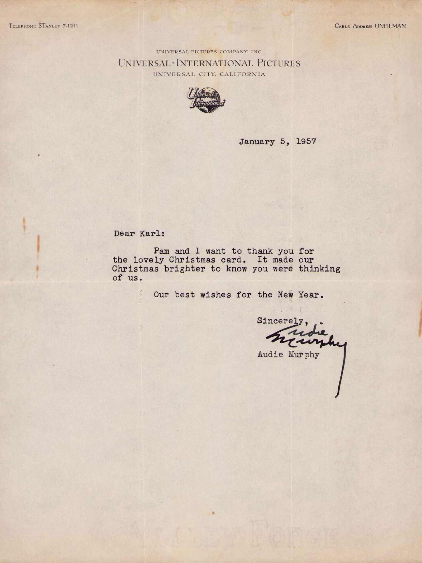Audie Murphy typed letter signed (1 of 1)