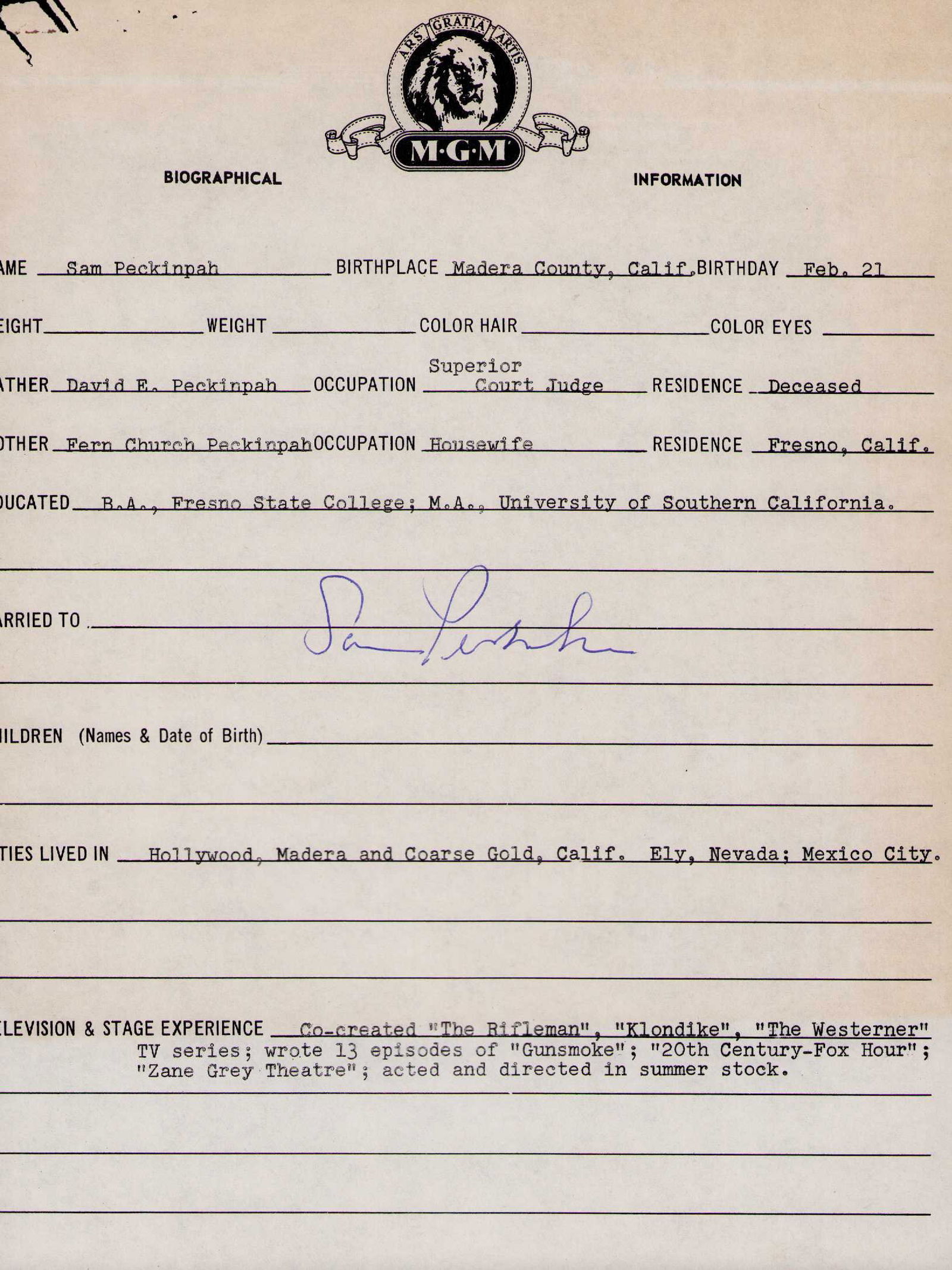 Sam Peckinpah signed typed BIO (1 of 1)