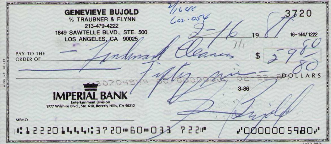 Genvieve bujold signed bank check (1 of 1)