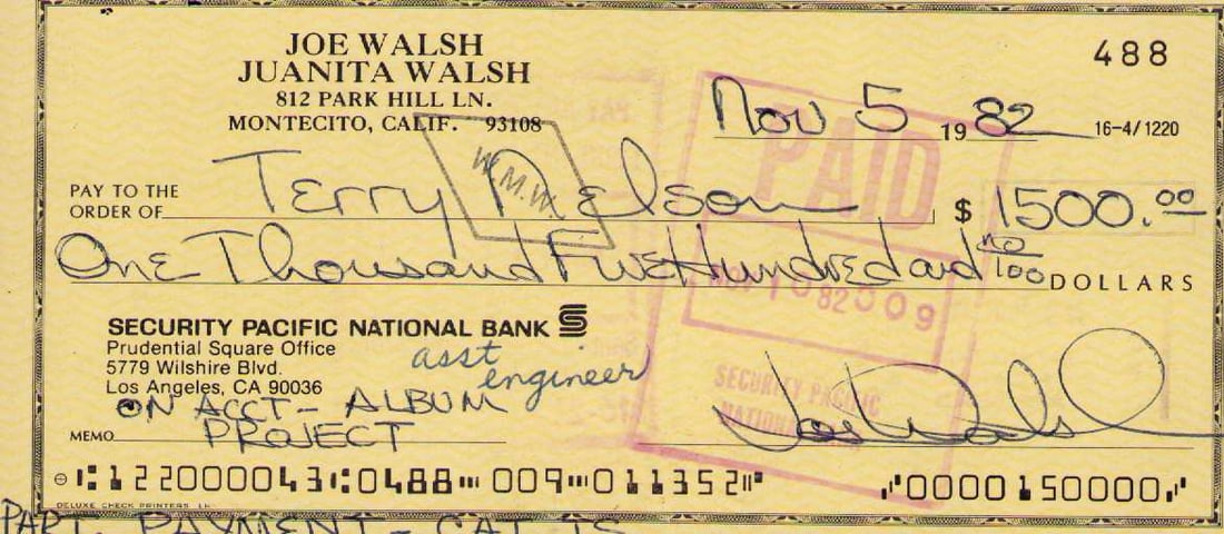 Joe Walsh signed bank check: Signed check by EAGLES famed guitarist singer and songwriter legend signed in 1982 AND it is for an Engineer it says for an album project which would be Life of Illusion spawning the hit song by the s