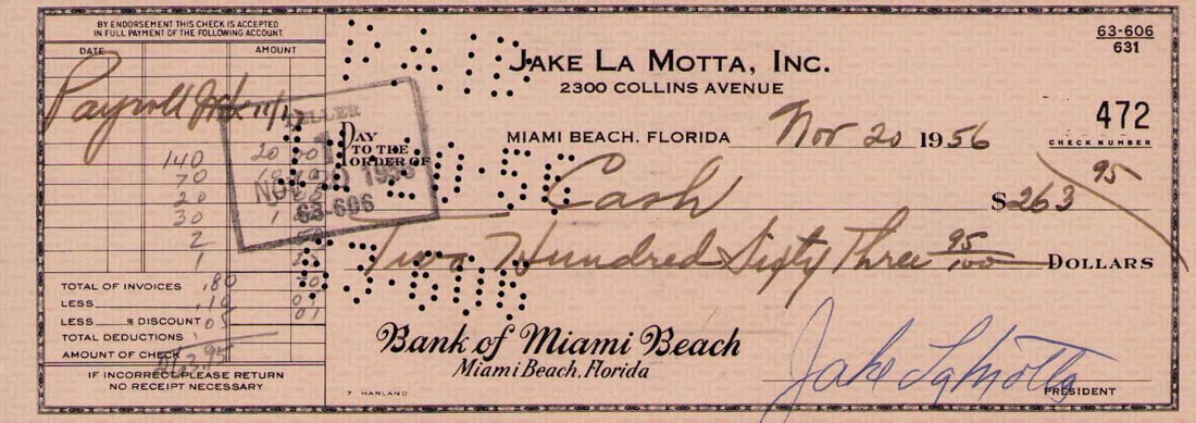 Jake LaMotta signed bank check (1 of 1)