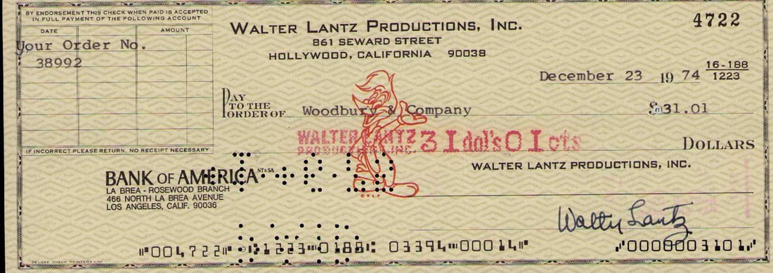 Walter Lantz signed bank check (1 of 1)