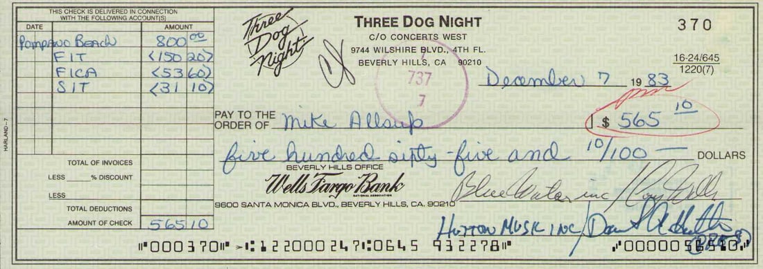 Three Dog Night signed bank check (1 of 1)