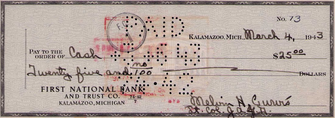 Melvin Purvis signed bank check (1 of 1)