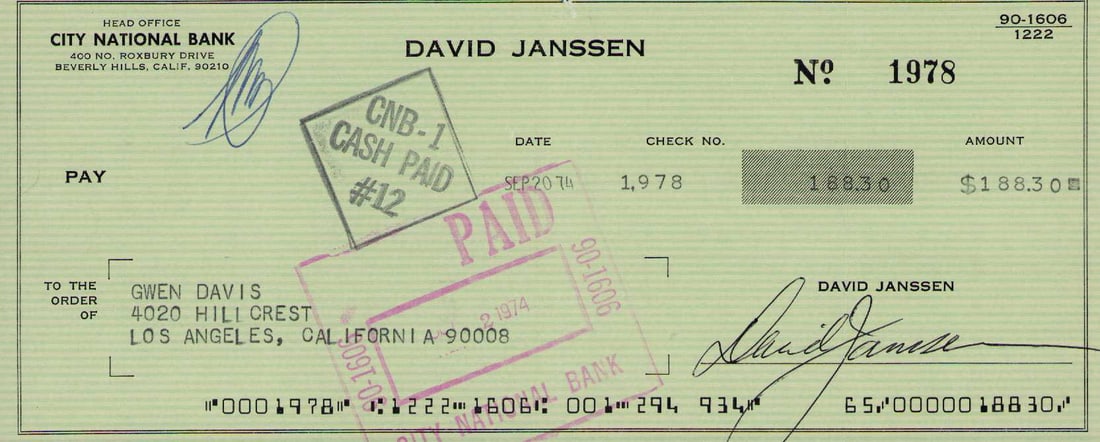David Janssen signed bank check (1 of 1)