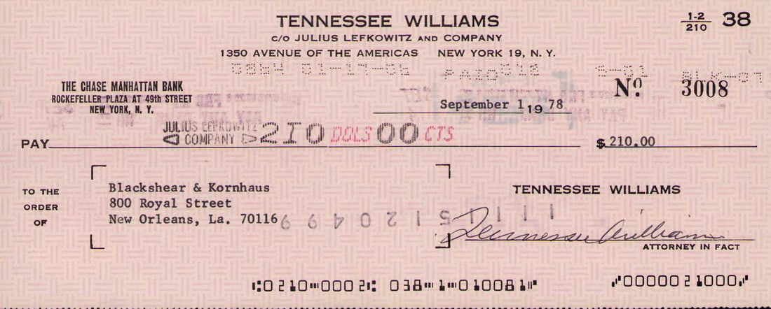 Tennessee Williams signed bank check (1 of 1)