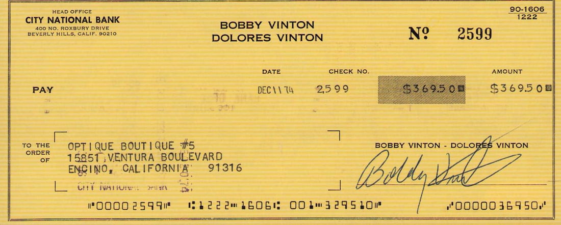 Bobby Vinton signed bank check (1 of 1)