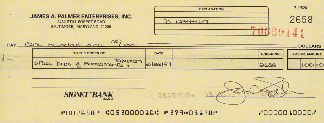 Jim Palmer signed bank check (1 of 1)