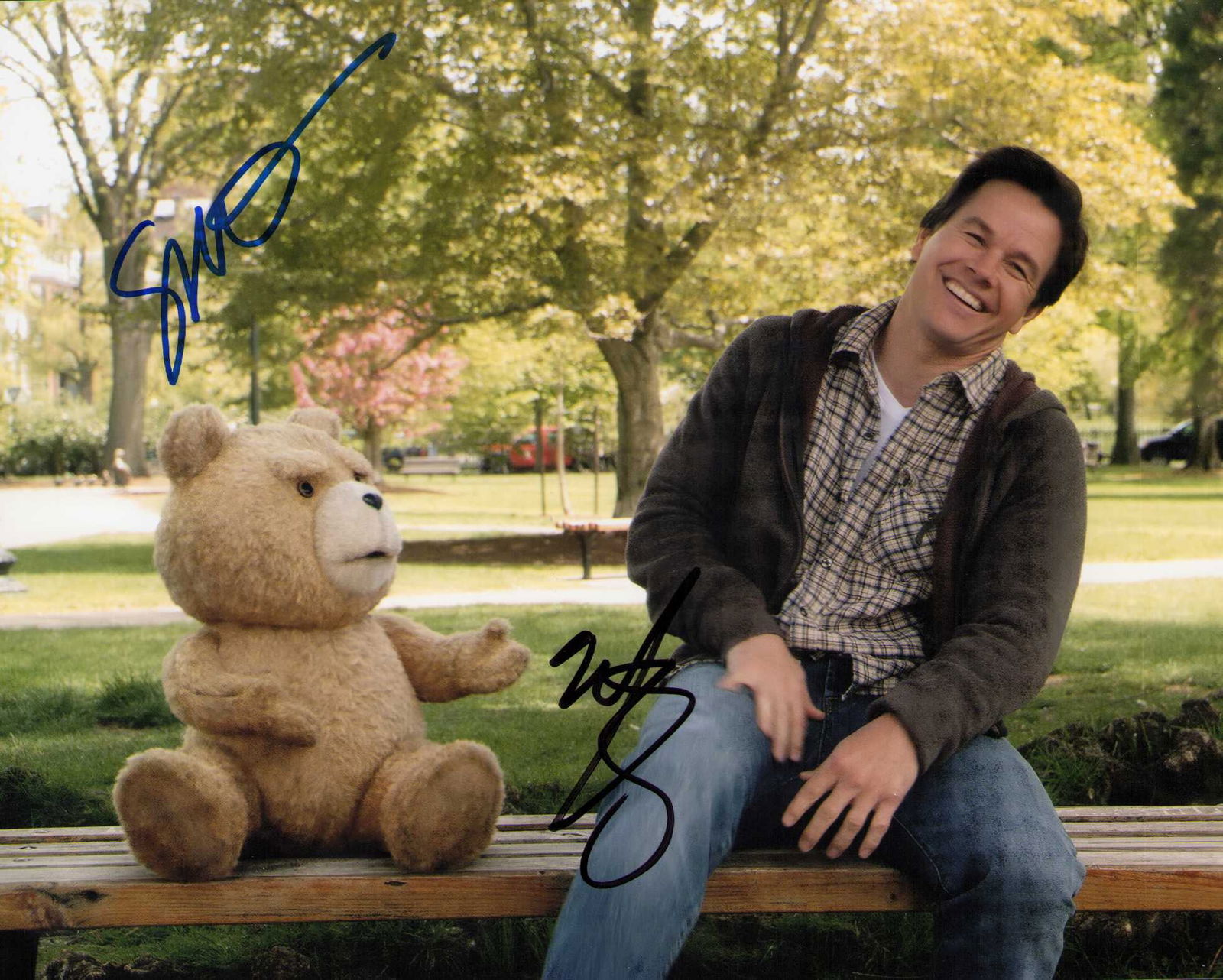 TED cast signed photograph: Signed by voice of Ted film creator Seth McFarlane and star Mark Wahlberg Certificate of AuthenticityEVERY item in this auction comes with at minimum one fully illustrated and serial numbered COA sign