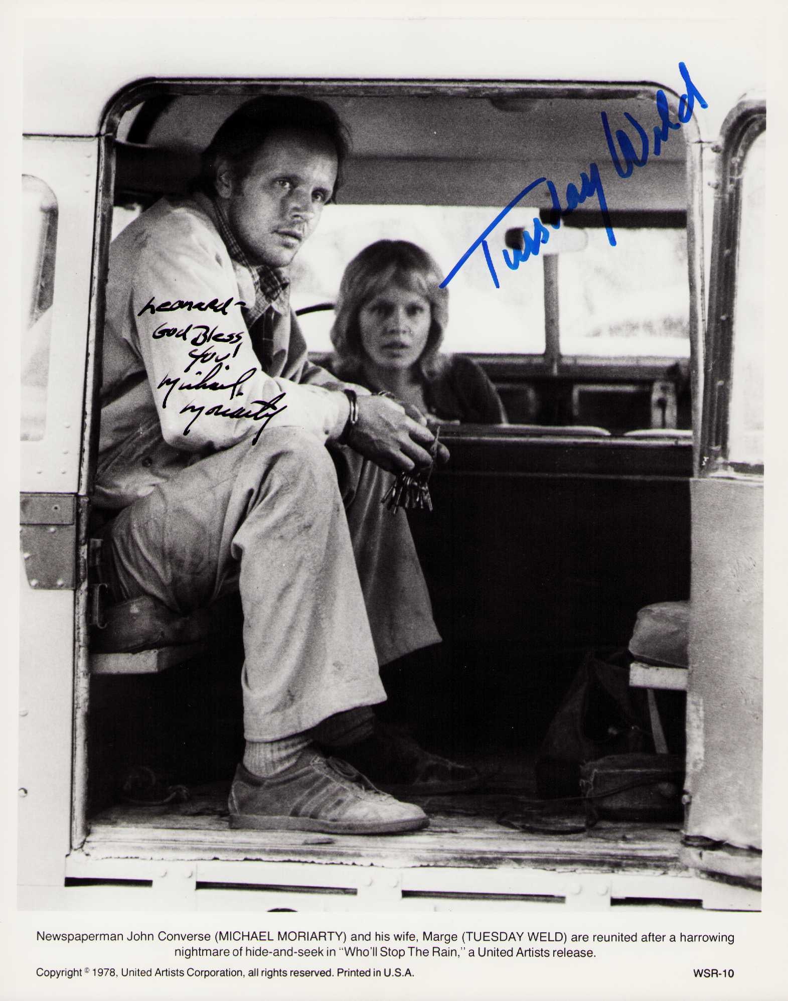 Michael Moriarty and Tuesday Weld signed photograph: A vintage original still signed by both from film Certificate of AuthenticityEVERY item in this auction comes with at minimum one fully illustrated and serial numbered COA signed by the worlds leading