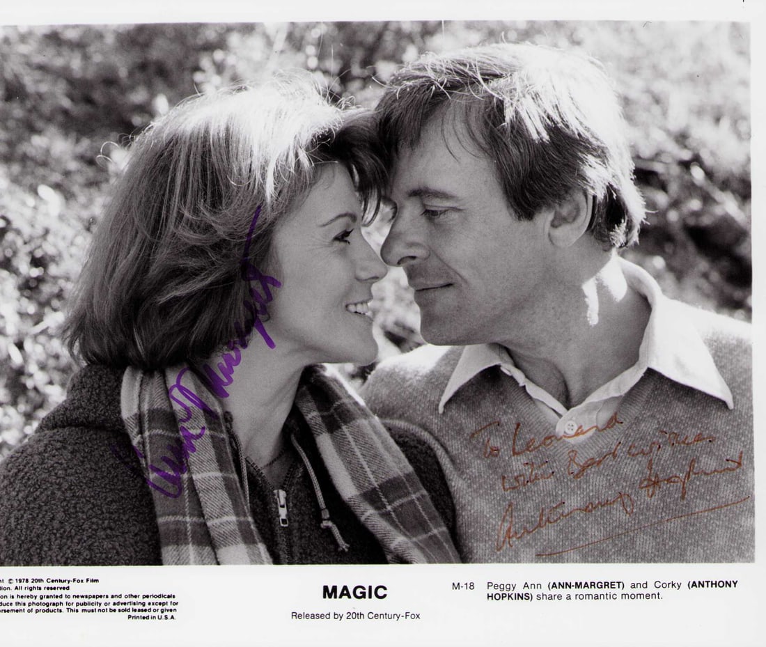Anthony Hopkins and Ann Margret signed photograph: An original type one photo from the film MAGIC 1978 signed by both stars the beginning of his career rare Certificate of AuthenticityEVERY item in this auction comes with at minimum one fully illustra