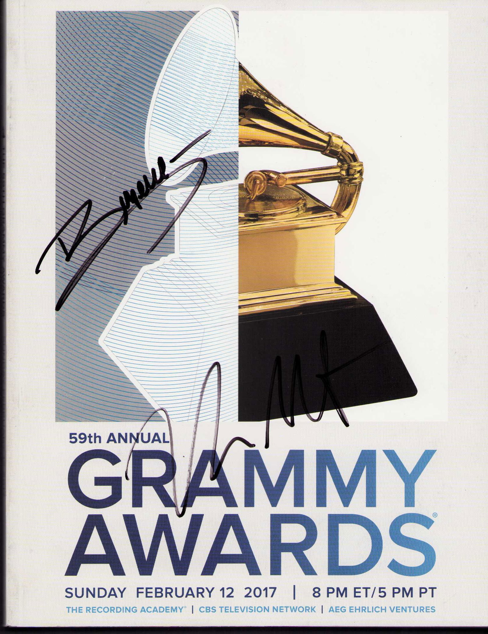 59th Grammy program legend signed: Beyonce and Kanye West signed the cover of this complete program Certificate of AuthenticityEVERY item in this auction comes with at minimum one fully illustrated and serial numbered COA signed by