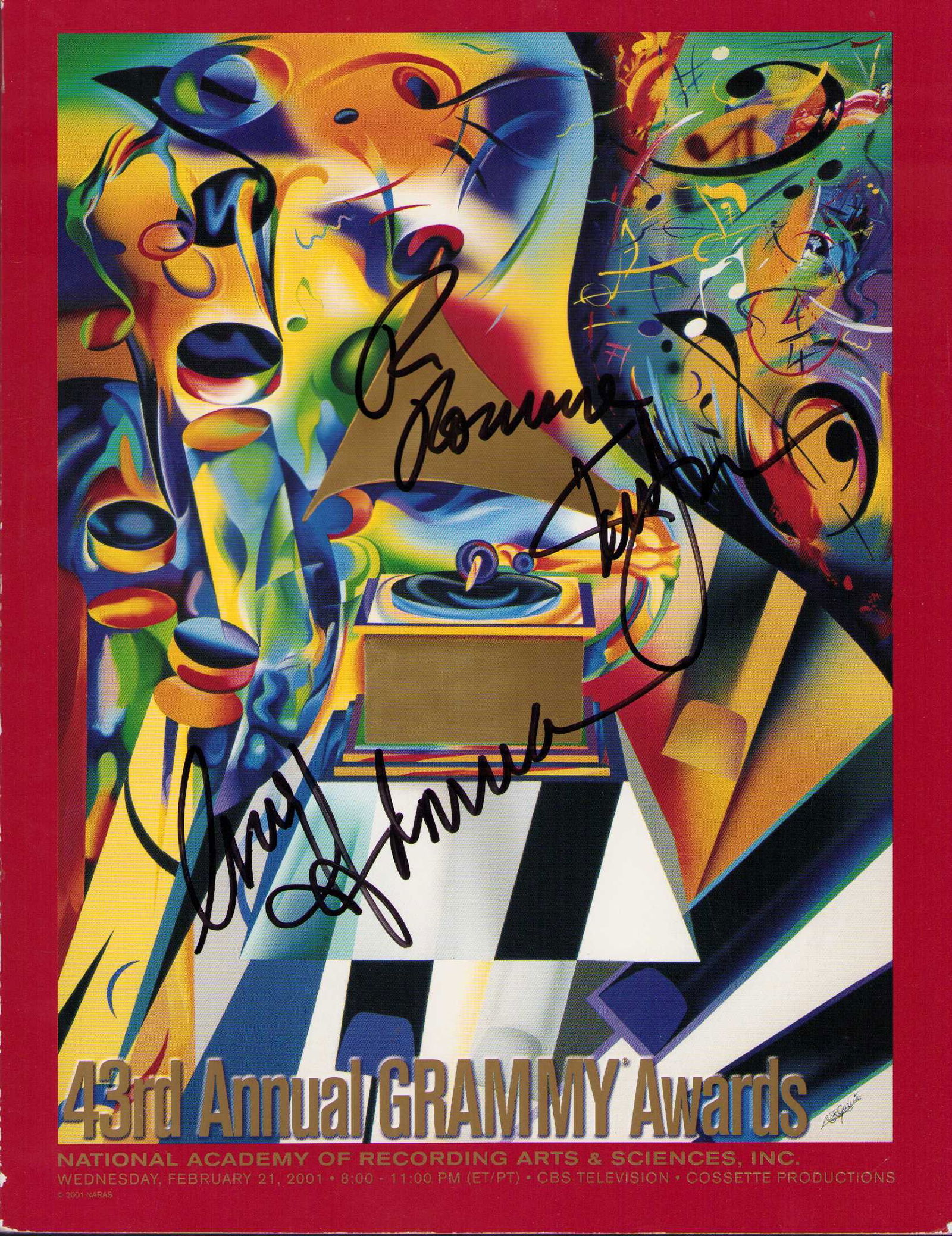 43rd Grammy program legends signed: Signed by Ray Romano one unidentifed and MADONNA in a gorgeous example of her early signing Certificate of AuthenticityEVERY item in this auction comes with at minimum one fully illustrated and