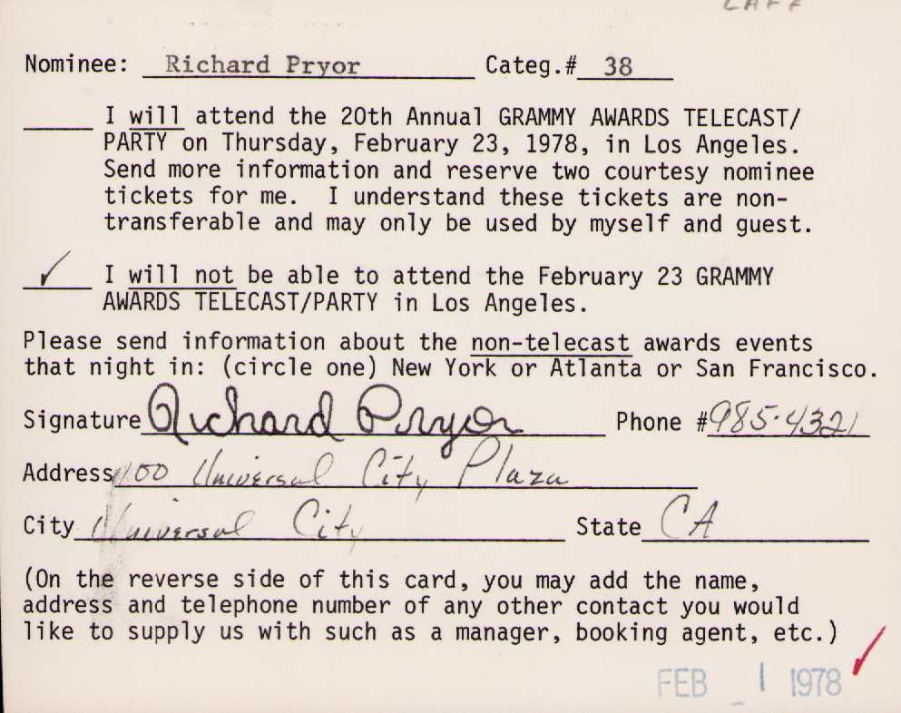 RARE Richard Pryor signed Grammy invitation: A RARE one of a kind 1978 Grammy invite to Pryor who was nominated for one of his comedy LPS signed by him nicely rare Certificate of AuthenticityEVERY item in this auction comes with at minimum