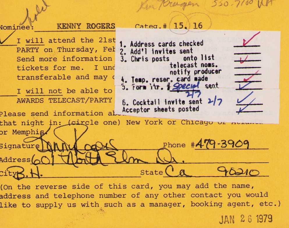 Kenny Rogers rare Grammy RSVP Invite: His FIRST invitation to attend the Grammys in 1979 signed returned rsvp by him Certificate of AuthenticityEVERY item in this auction comes with at minimum one fully illustrated and serial numbered