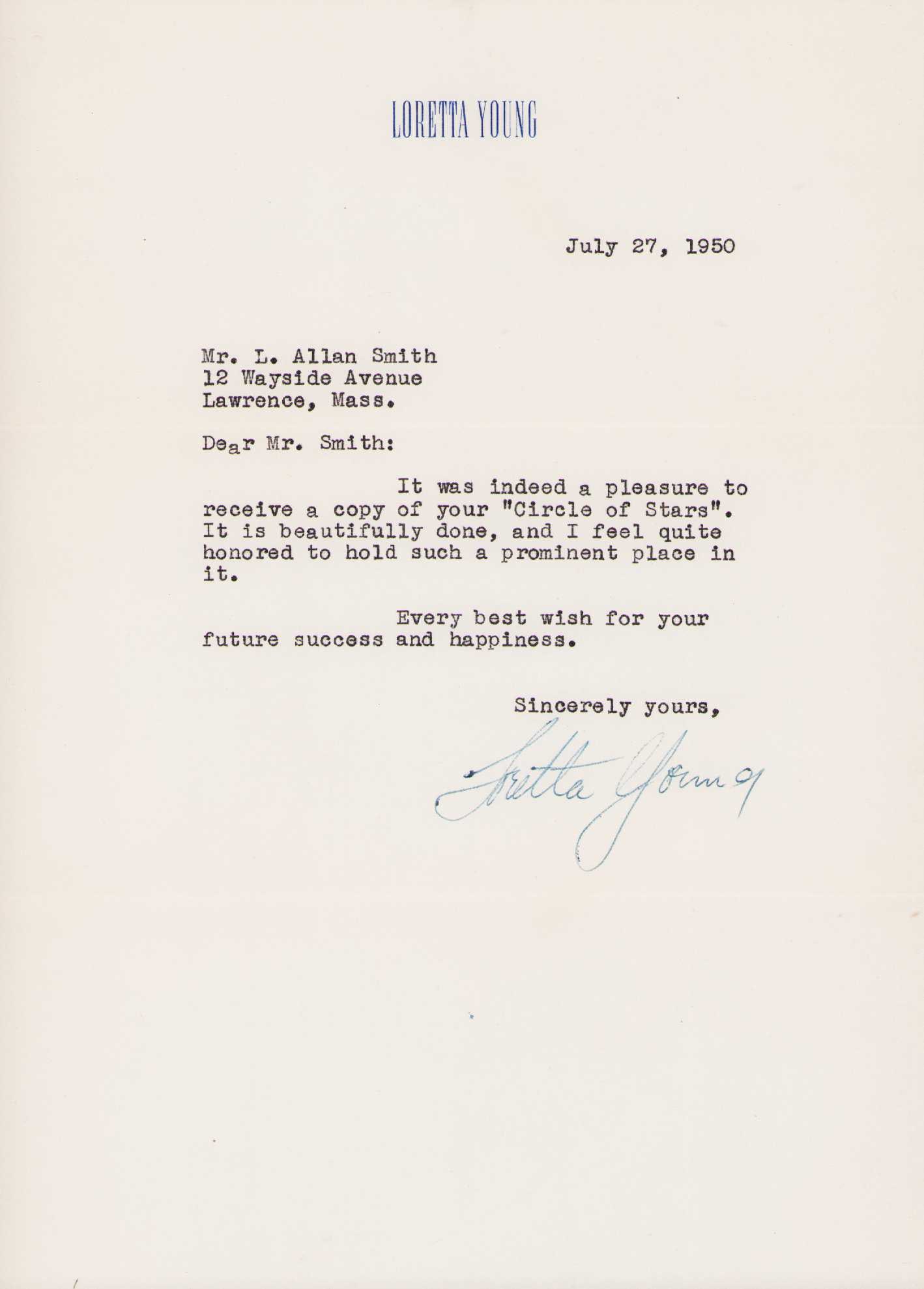 Loretta Young letter signed (1 of 1)