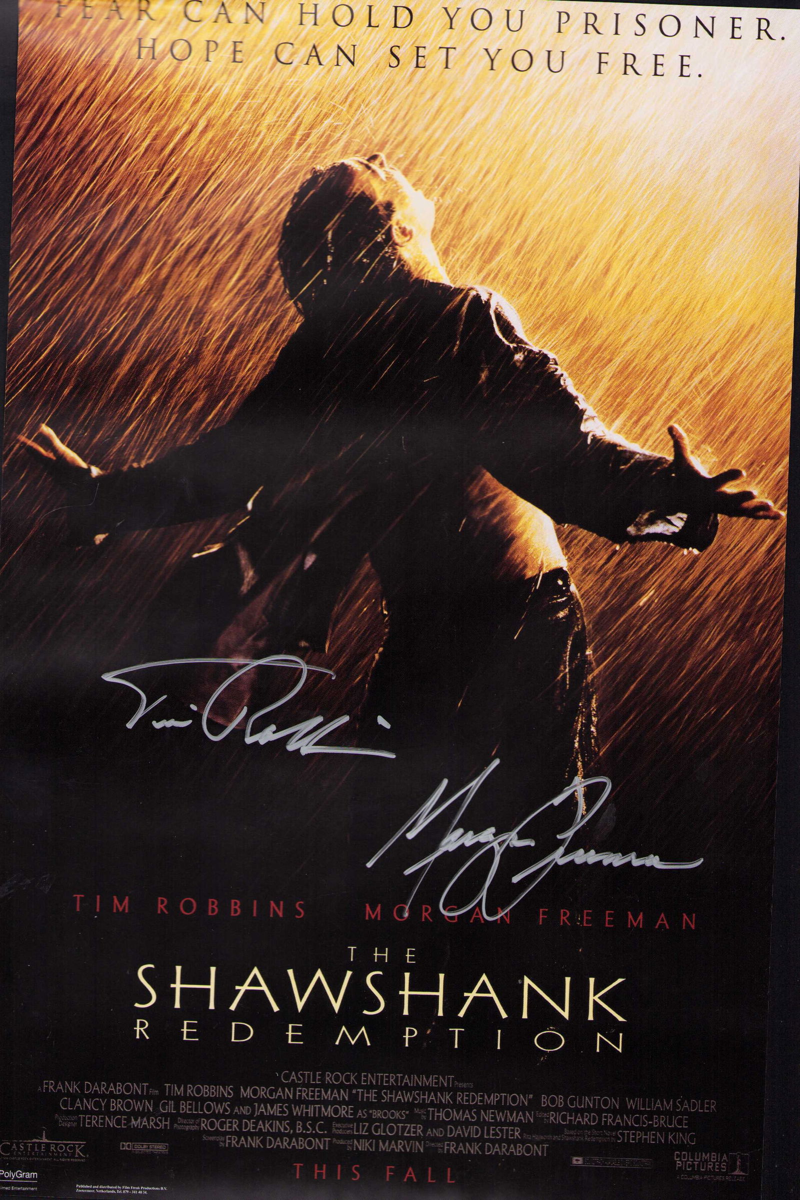 Shawshank Redemption premiere poster cast signed: Rare 11x17 premiere poster signed by Morgan Freeman in full and by Tim Robbins ! Certificate of AuthenticityEVERY item in this auction comes with at minimum one fully illustrated and serial numbered