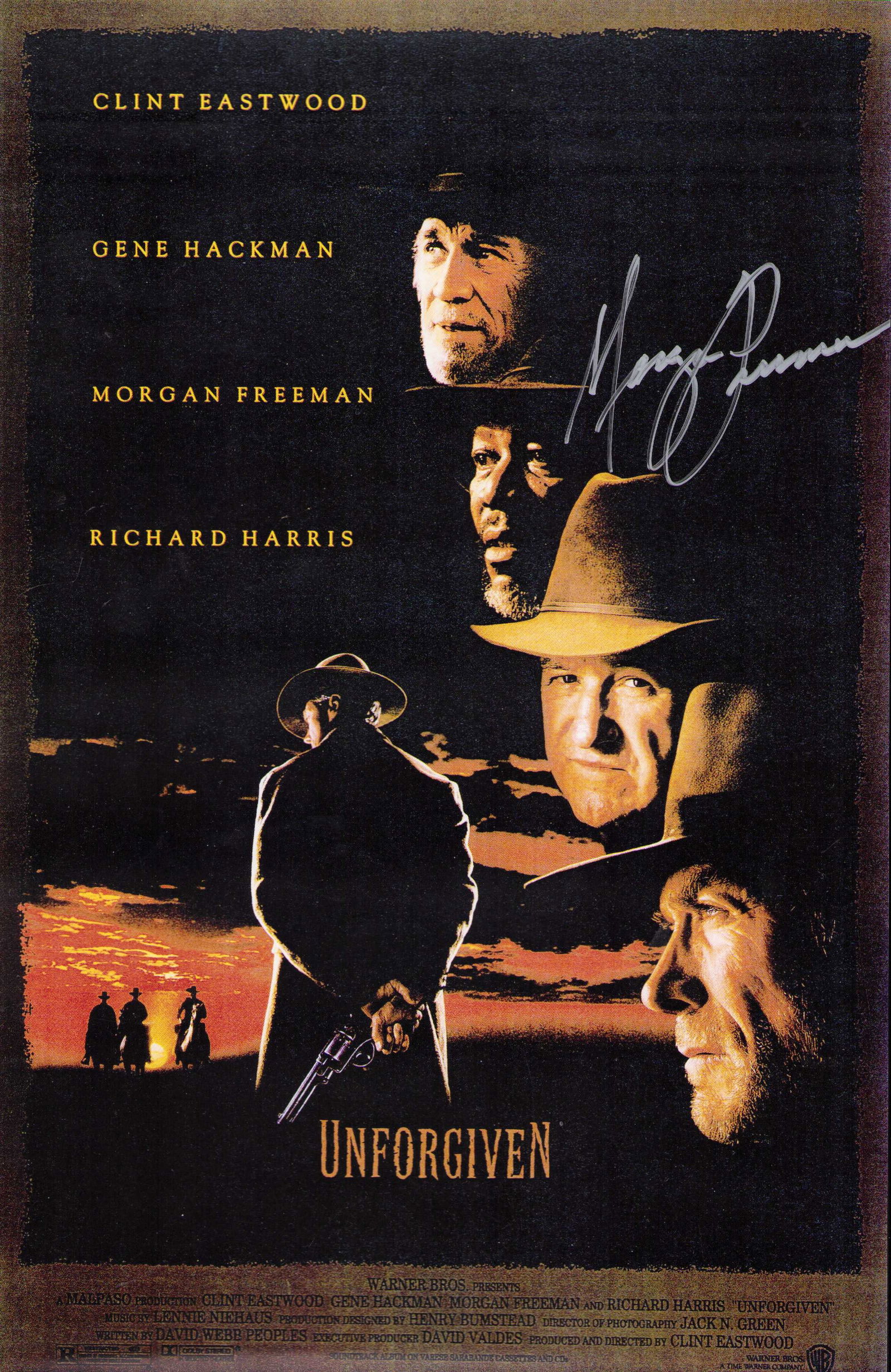Unforgiven signed premiere poster: An 11x17 rare premiere poster signed by Morgan Freeman in full ! Get Eastwood to sign it what a piece ! Certificate of AuthenticityEVERY item in this auction comes with at minimum one fully
