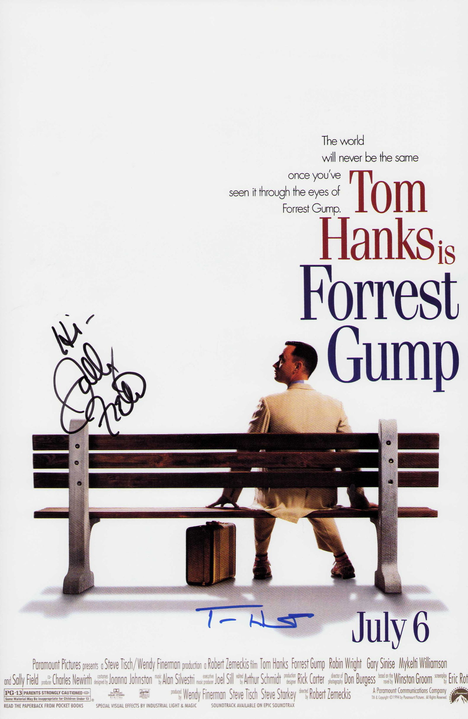Forest Gump cast signed premiere poster: 11x17 premiere poster signed by Tom Hanks and Sally Field Certificate of AuthenticityEVERY item in this auction comes with at minimum one fully illustrated and serial numbered COA signed by the