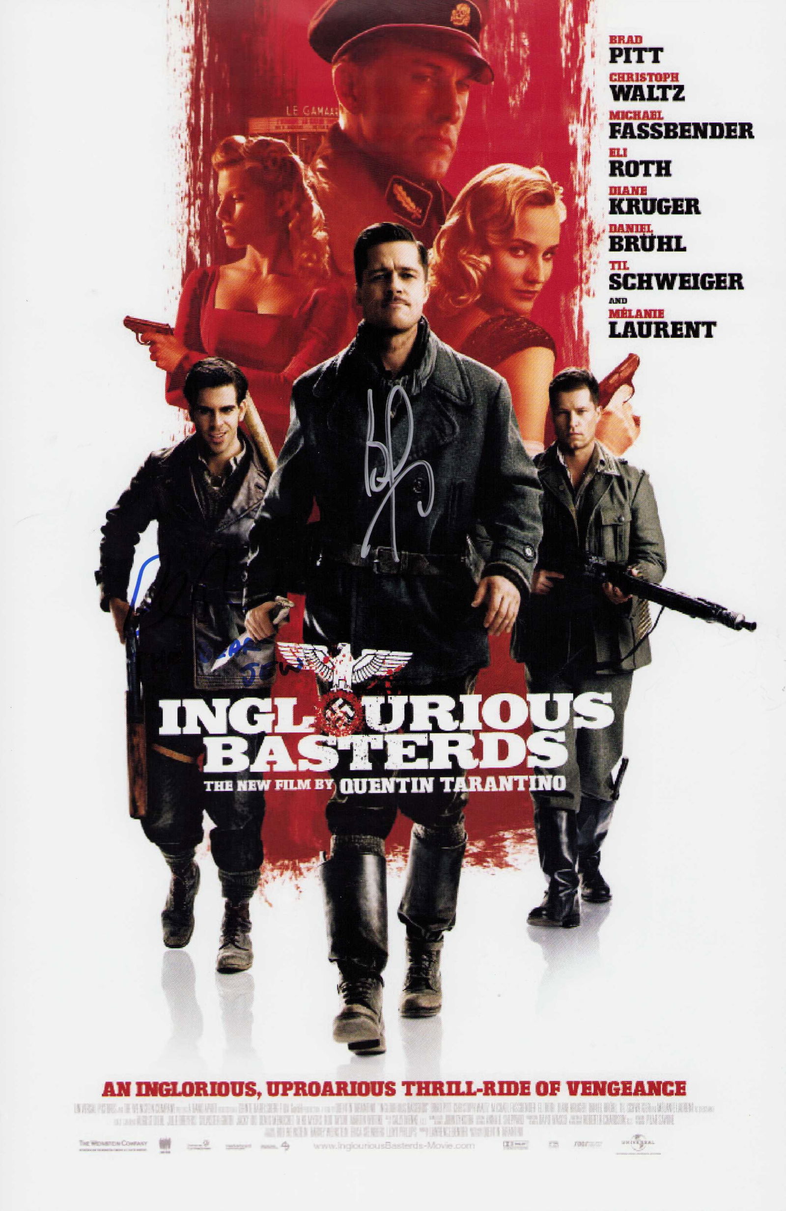 Inglorious Bastards cast signed premiere poster: 11x17 premiere poster signed by Brad Pitt and Eli Roth Certificate of AuthenticityEVERY item in this auction comes with at minimum one fully illustrated and serial numbered COA signed by the worlds