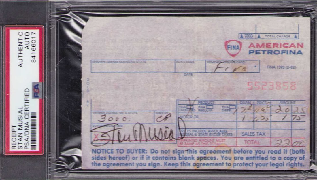 Stan Musial PSA DNA slabbed credit card receipt: A credit card receipt slabbed signed by the HOF baseball legend and by PSA DNA Certificate of AuthenticityEVERY item in this auction comes with at minimum one fully illustrated and serial numbered