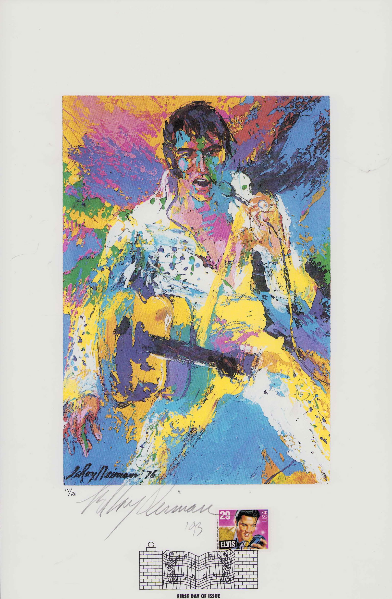 Leroy Neiman signed lithograph: A 11x17 print made to honor the Elvis Presley stamp release signed and numbered out of only 20 by artist Leroy Neiman on a large image of his Elvis incredibly rare the stamp is also affixed and the