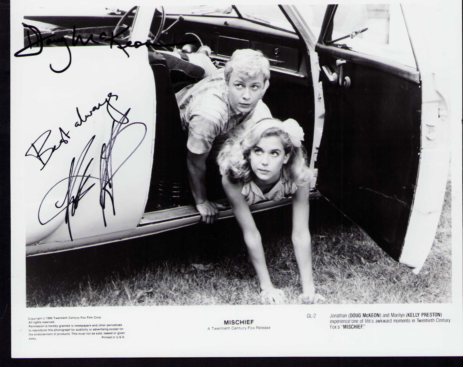 Kelly Preston and Doug McKeon signed photograph: A vintage original still signed by Preston who is deceased and McKeon both rare Certificate of AuthenticityEVERY item in this auction comes with at minimum one fully illustrated and serial numbered CO