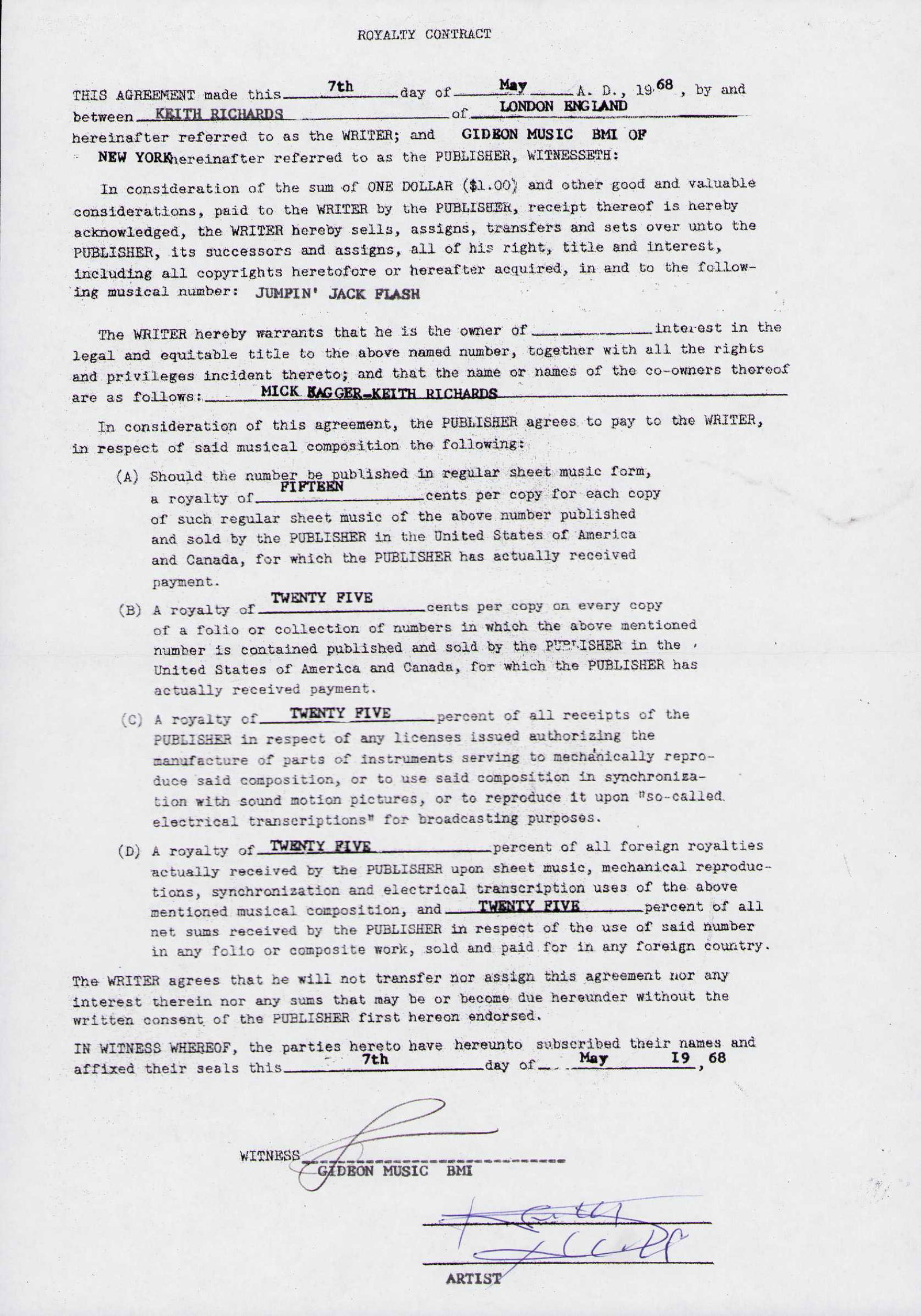 1968 Keith Richards signed contract Rolling Stones (1 of 1)
