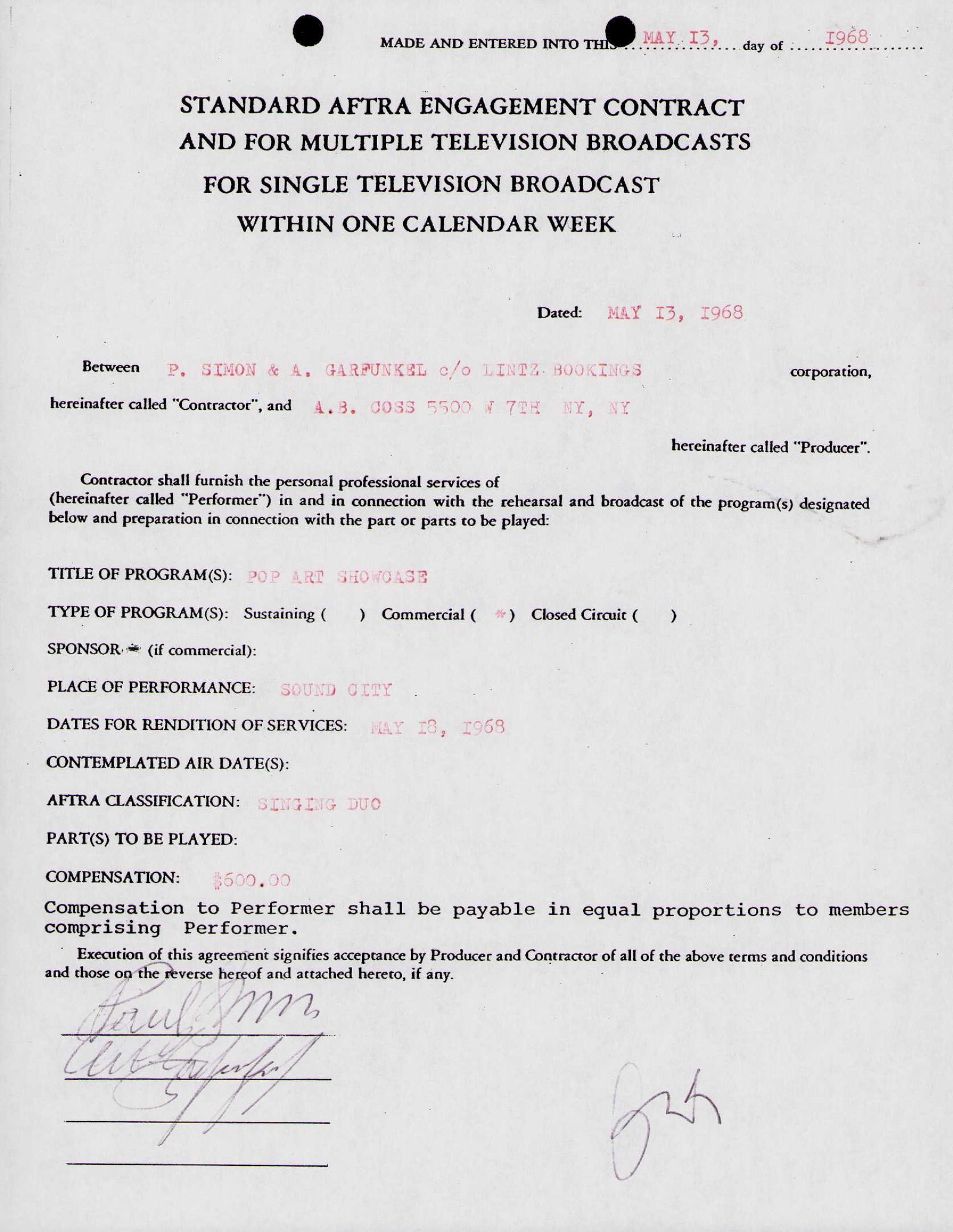 Simon and Garfunkle signed contract (1 of 1)