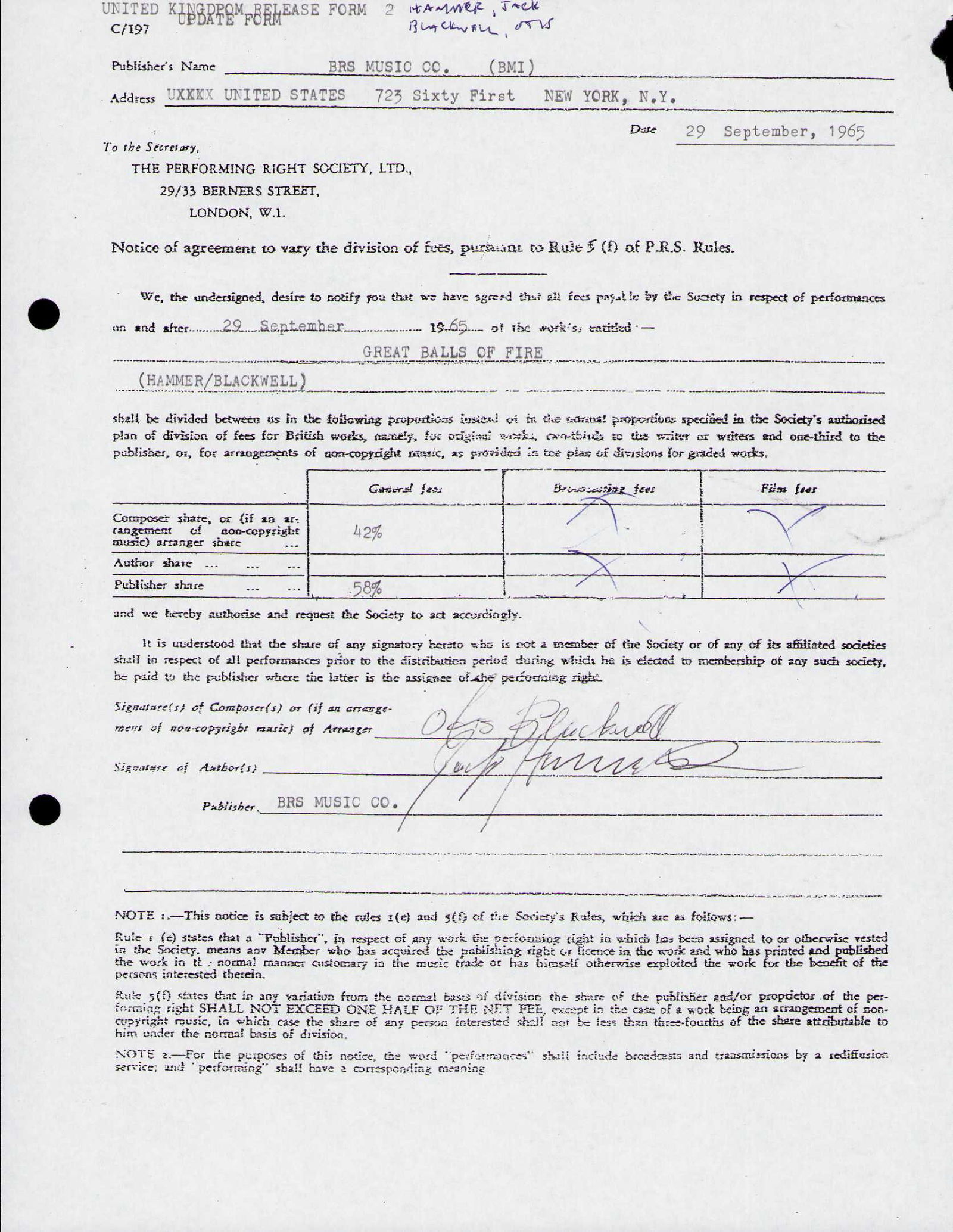 Great Balls of Fire song publishing signed contract (1 of 1)