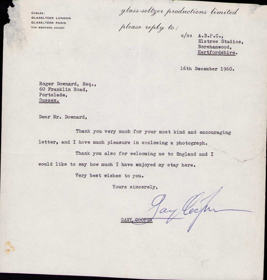 Gary Cooper signed contract: A signed contract by the legendary actor of such hit films as High Noon and Pride of the Yankees ! Certificate of AuthenticityEVERY item in this auction comes with at minimum one fully illustrated