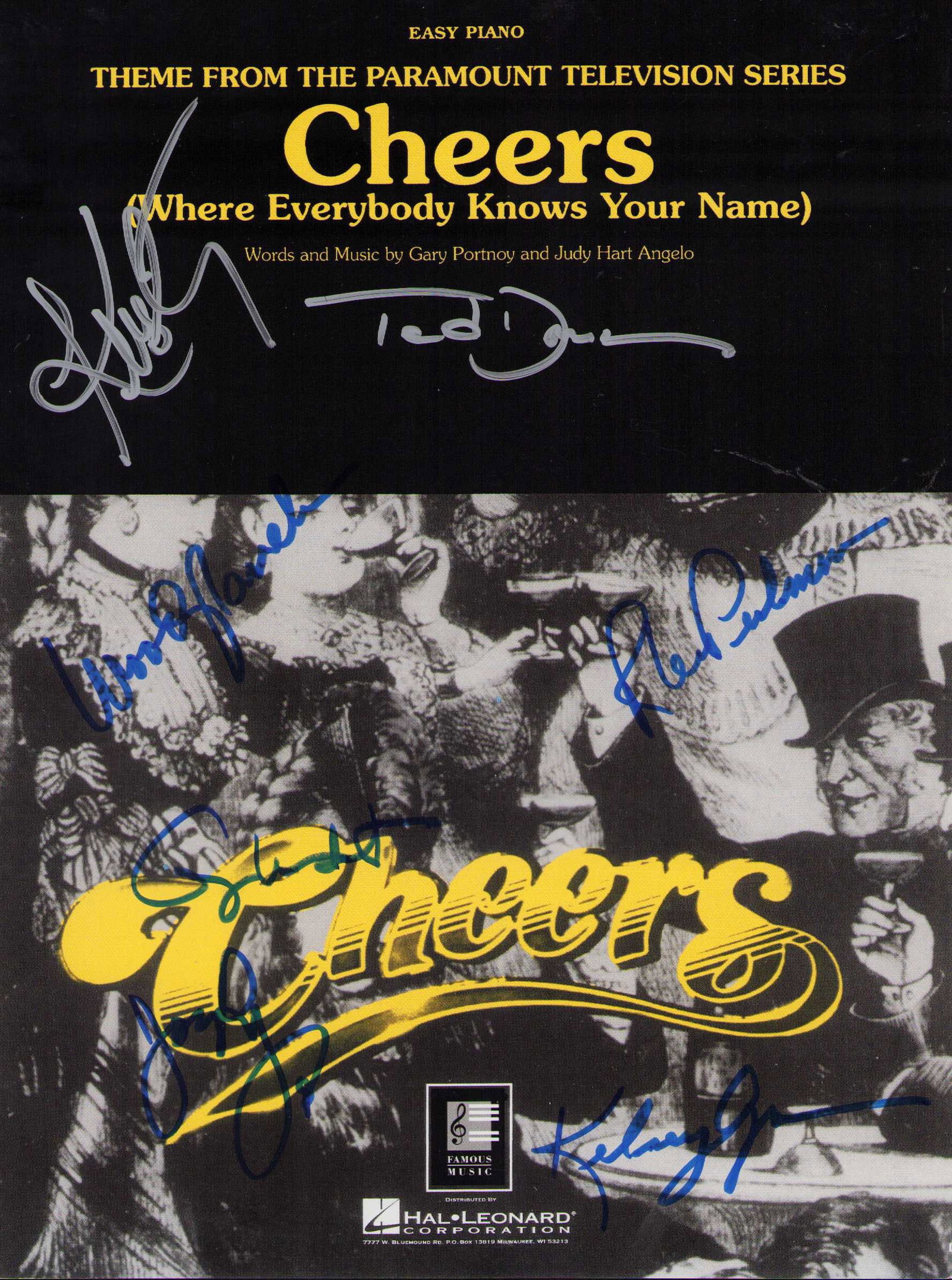 Cheers cast signed sheet music RARE: Rare sheet music for the famous CHEERS them song Where Everybody Knows your name this is Signed by the entire cast on the sheet Woody Harrelson Ted Danson George Wendt now deceased Rhea Perlman